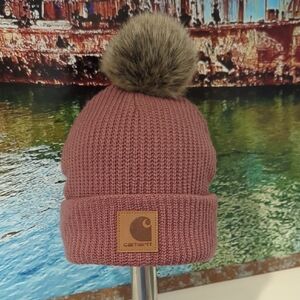 Carhartt Mauve Knit Pom Beanie with Faux Fur Pom And Fleece Ear Warming Lining